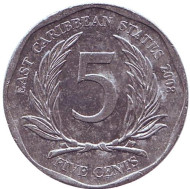 Монета 5 центов. 2008 год, Восточно-Карибские государства. Монета 5 центов. 2008 год, Восточно-Карибские государства.
