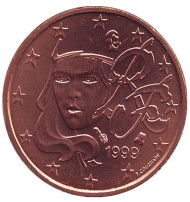 Монета 1 цент. 1999 год, Франция. Монета 1 цент. 1999 год, Франция.