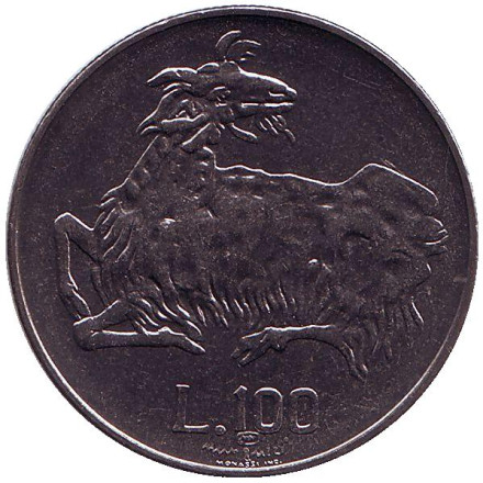 Монета 100 лир. 1974 год, Сан-Марино. Козёл.