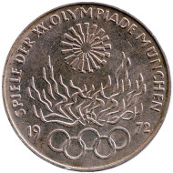 Монета 10 марок, 1972 год, ФРГ. Факел. XX Летние Олимпийские игры. Мюнхен-1972. (D). Монета 10 марок, 1972 год, ФРГ. Факел. XX Летние Олимпийские игры. Мюнхен-1972. (D).