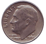 Монета 10 центов. 1969 (D) год, США. Рузвельт. Монета 10 центов. 1969 (D) год, США. Рузвельт.
