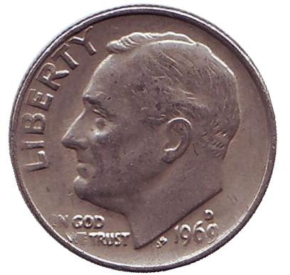 Монета 10 центов. 1969 (D) год, США. Рузвельт.