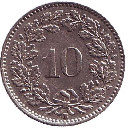 Монета 10 раппенов. 1937 год, Швейцария.