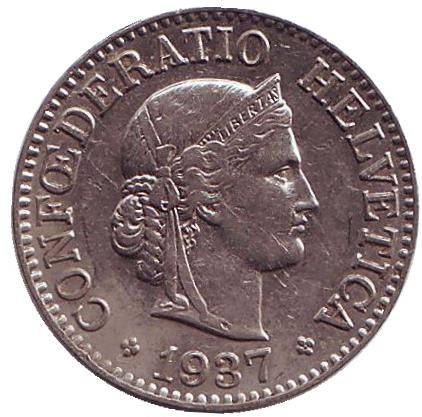 Монета 10 раппенов. 1937 год, Швейцария. Монета 10 раппенов. 1937 год, Швейцария.