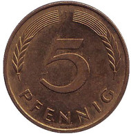 Монета 5 пфеннигов. 1989 год (J), ФРГ. Дубовые листья. Монета 5 пфеннигов. 1989 год (J), ФРГ. Дубовые листья.