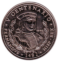 Монета 1 песо. 1990 год, Куба. 500-летие открытия Америки. Фердинанд II Католик. Монета 1 песо. 1990 год, Куба. 500-летие открытия Америки. Фердинанд II Католик.