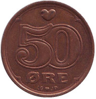 Монета 50 эре. 1999 год, Дания. Монета 50 эре. 1999 год, Дания.