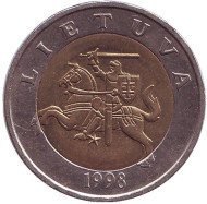 Монета 5 литов, 1998 год, Литва. Из обращения. Рыцарь. Монета 5 литов, 1998 год, Литва. Из обращения. Рыцарь.