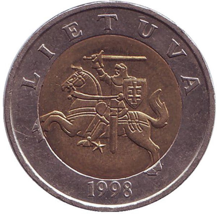 Монета 5 литов, 1998 год, Литва. Из обращения. Рыцарь.