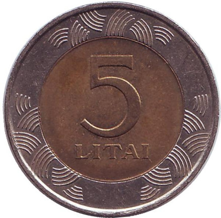 Монета 5 литов, 1998 год, Литва. Из обращения. Рыцарь. Монета 5 литов, 1998 год, Литва. Из обращения. Рыцарь.