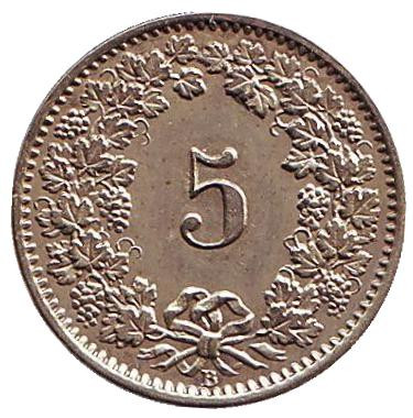 Монета 5 раппенов. 1873 год, Швейцария.