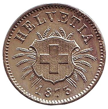 Монета 5 раппенов. 1873 год, Швейцария. Монета 5 раппенов. 1873 год, Швейцария.