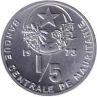 Монета 1/5 угии. 1973 год, Мавритания. Монета 1/5 угии. 1973 год, Мавритания.