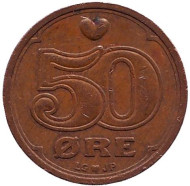 Монета 50 эре. 1992 год, Дания.
