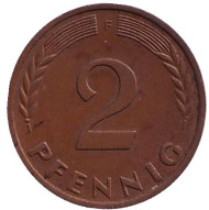 Монета 2 пфеннига. 1962 год (F), ФРГ. Дубовые листья. Монета 2 пфеннига. 1962 год (F), ФРГ. Дубовые листья.