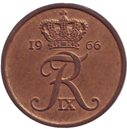 Монета 5 эре. 1966 год, Дания.