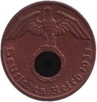 Монета 1 рейхспфенниг. 1938 год, Германия (Третий Рейх). (D). Монета 1 рейхспфенниг. 1938 год, Германия (Третий Рейх). (D).
