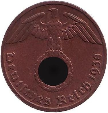 Монета 1 рейхспфенниг. 1938 год, Германия (Третий Рейх). (D).