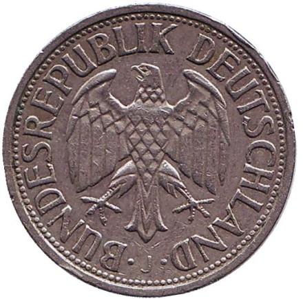 Монета 1 марка. 1961 год (J), ФРГ. Монета 1 марка. 1961 год (J), ФРГ.