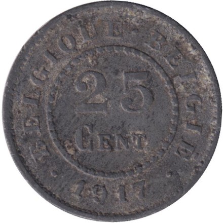 Монета 25 сантимов. 1917 год, Бельгия.