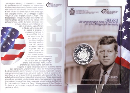 Монета 5 евро. 2013 год, Сан-Марино. Джон Кеннеди. 50-летие со дня убийства. Монета 5 евро. 2013 год, Сан-Марино. Джон Кеннеди. 50-летие со дня убийства.