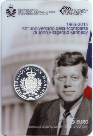 Монета 5 евро. 2013 год, Сан-Марино. Джон Кеннеди. 50-летие со дня убийства. Монета 5 евро. 2013 год, Сан-Марино. Джон Кеннеди. 50-летие со дня убийства.