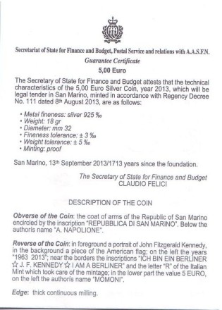 Монета 5 евро. 2013 год, Сан-Марино. Джон Кеннеди. 50-летие со дня убийства. Монета 5 евро. 2013 год, Сан-Марино. Джон Кеннеди. 50-летие со дня убийства.