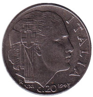 Монета 20 чентезимо. 1943 год, Италия. Монета 20 чентезимо. 1943 год, Италия.