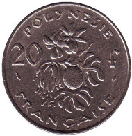 Монета 20 франков. 1986 год, Французская Полинезия. Плод хлебного дерева, стручки ванили.