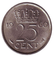 Монета 25 центов. 1960 год, Нидерланды. Монета 25 центов. 1960 год, Нидерланды.