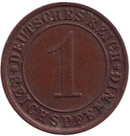 Монета 1 рейхспфенниг. 1935 год (E), Веймарская республика. Монета 1 рейхспфенниг. 1935 год (E), Веймарская республика.