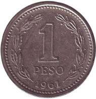 Монета 1 песо. 1961 год, Аргентина. Монета 1 песо. 1961 год, Аргентина.