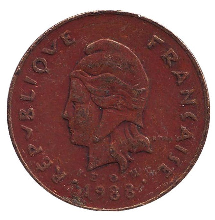 Монета 100 франков. 1988 год, Французская Полинезия. Скалистый остров Муреа.