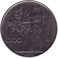 Монета 100 лир. 1975 год, Италия. Богиня мудрости Минерва рядом с оливковым деревом. Монета 100 лир. 1975 год, Италия. Богиня мудрости Минерва рядом с оливковым деревом.