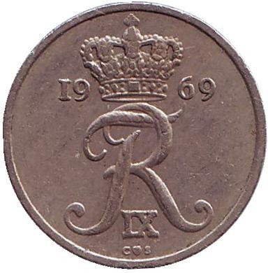 Монета 10 эре. 1969 год, Дания.