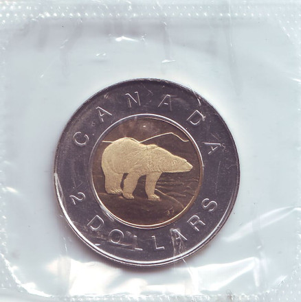 Монета 2 доллара, 1997 год, Канада. BU. Полярный медведь.