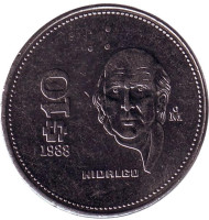 Монета 10 песо. 1988 год, Мексика. Мигель Идальго. Монета 10 песо. 1988 год, Мексика. Мигель Идальго.