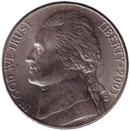 Монета 5 центов. 2003 год (D), США. Джефферсон. Монтичелло. Монета 5 центов. 2003 год (D), США. Джефферсон. Монтичелло.
