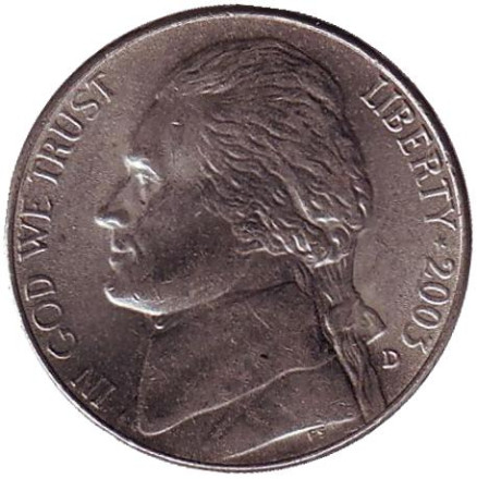 Монета 5 центов. 2003 год (D), США. Джефферсон. Монтичелло.