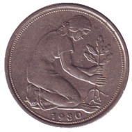 Монета 50 пфеннигов. 1980 год (F), ФРГ. Женщина, сажающая дуб. Монета 50 пфеннигов. 1980 год (F), ФРГ. Женщина, сажающая дуб.