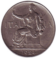 Монета 1 лира. 1924 год, Италия. Монета 1 лира. 1924 год, Италия.