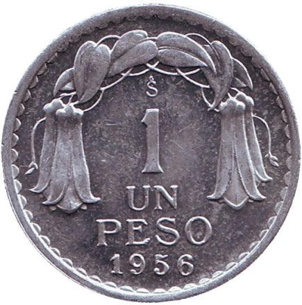 Монета 1 песо. 1956 год, Чили. aUNC. Бернардо О’Хиггинс.