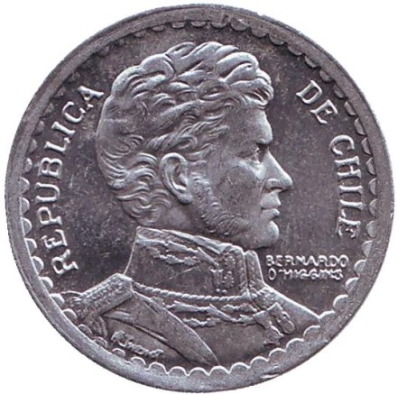 Монета 1 песо. 1956 год, Чили. aUNC. Бернардо О’Хиггинс. Монета 1 песо. 1956 год, Чили. aUNC. Бернардо О’Хиггинс.
