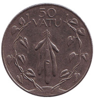 Монета 50 вату. 1999 год, Вануату. Батат (сладкий картофель) в венке из двух лоз. Монета 50 вату. 1999 год, Вануату. Батат (сладкий картофель) в венке из двух лоз.