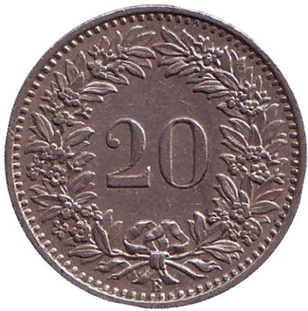 Монета 20 раппенов. 1958 год, Швейцария.