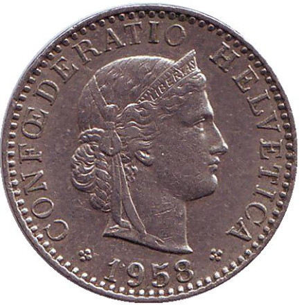 Монета 20 раппенов. 1958 год, Швейцария.