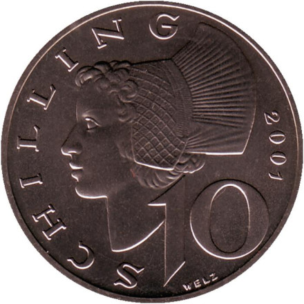 Монета 10 шиллингов. 2001 год, Австрия. Женщина из Вахау.