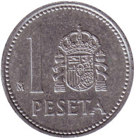 Монета 1 песета. 1982 год, Испания.