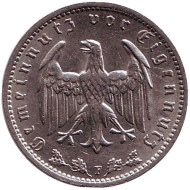 Монета 1 рейхсмарка. 1934 год, Германия (Третий Рейх). (F). Монета 1 рейхсмарка. 1934 год, Германия (Третий Рейх). (F).