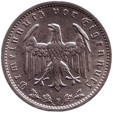 Монета 1 рейхсмарка. 1934 год, Германия (Третий Рейх). (F). Монета 1 рейхсмарка. 1934 год, Германия (Третий Рейх). (F).